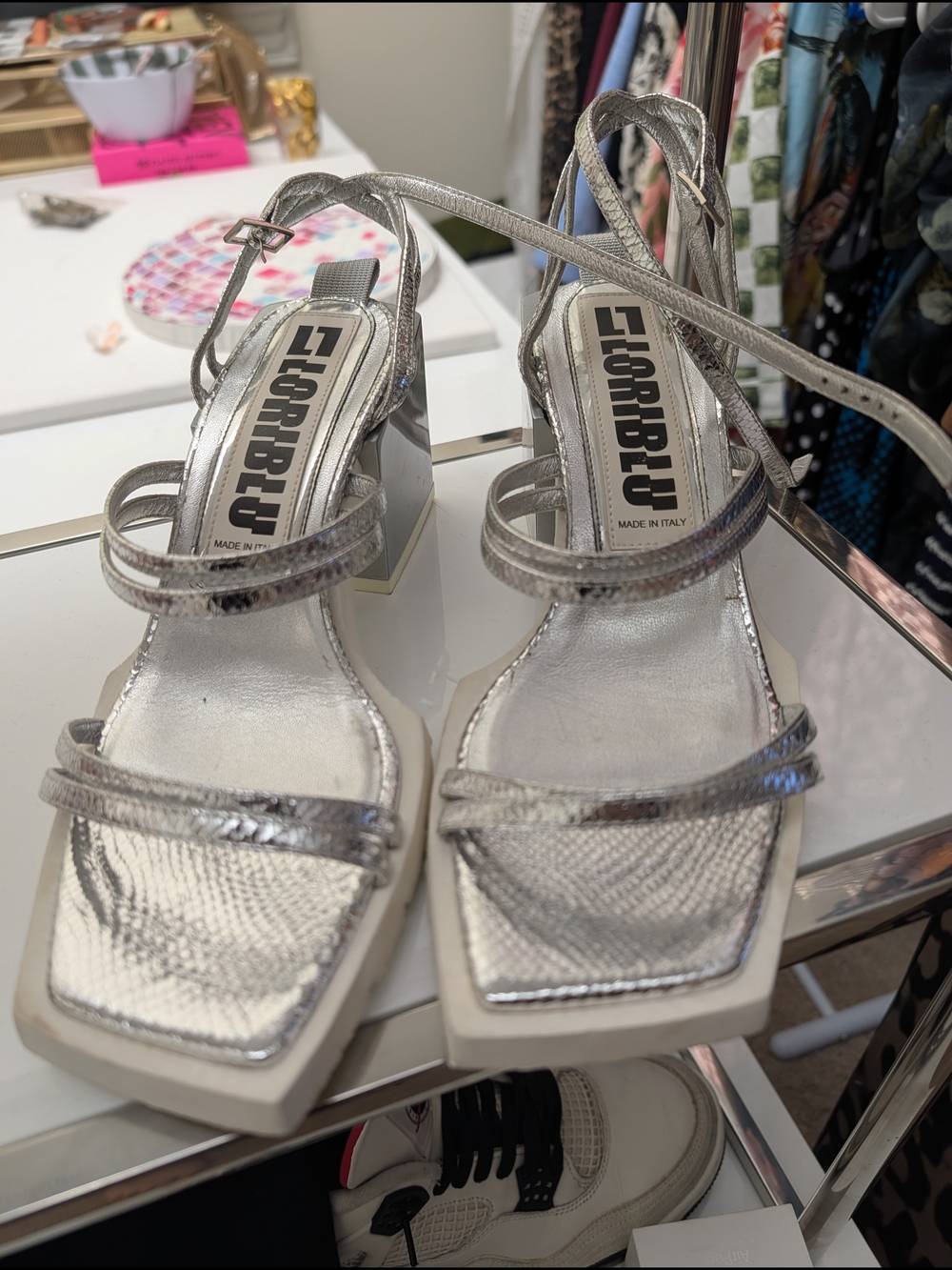 ELIE CORRIBU Silver Metallic Strappy Block Heel Sandals